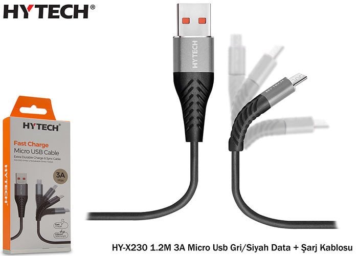 Hytech HY-X230 1.2mt 3A Micro Usb Gri-Siyah Data Şarj Kablosu