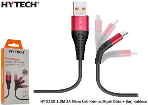 Hytech HY-X230 1.2mt 3A Micro Usb Kırmızı-Siyah Data Şarj Kablosu