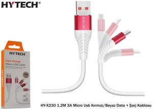 Hytech HY-X230 1.2mt 3A Micro Usb Kırmızı-Beyaz Data Şarj Kablosu