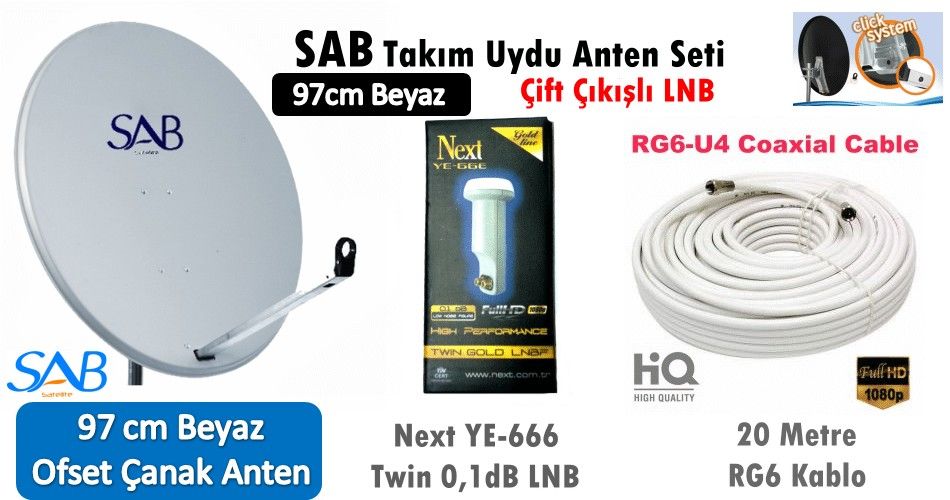 SAB 97cm Beyaz Çanak Anten Next Twin LNB + 20mt RG6 Kablo