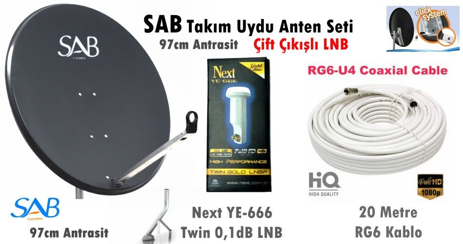 SAB 97cm Antrasit Çanak Anten Next Twin LNB + 20mt RG6 Kablo