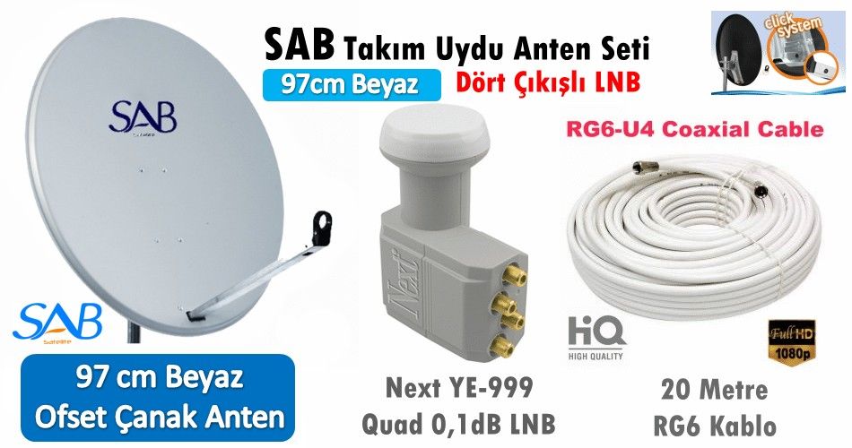 SAB 97cm Beyaz Çanak Anten Next Quad LNB + 20mt RG6 Kablo