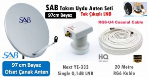 SAB 97cm Beyaz Çanak Anten Next Single LNB + 20mt RG6 Kablo