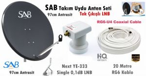 SAB 97cm Antrasit Çanak Anten Next Single LNB + 20mt RG6 Kablo