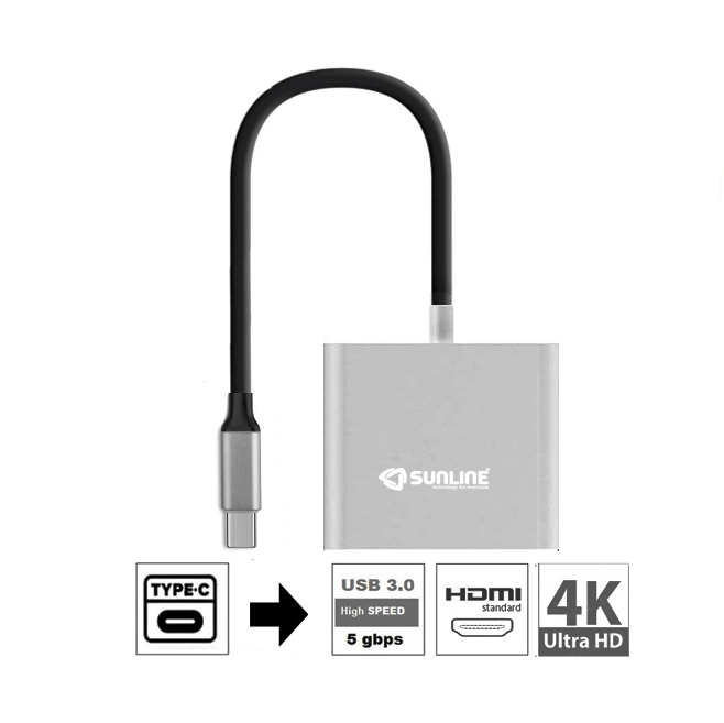 Sunline 170676 Type-C USB3.0+HDMI(4Kx2K)+Type-C Dönüştürücü