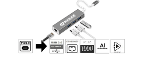 Sunline 1706904 Type-C 3X USB 3.0-1X RJ45 Lan 10/100Mbit Dönüştürücü