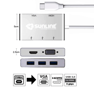 Sunline 170694 Type-C USB 3.0 Hub/HDMI /VGA 5in1 Dönüştürücü