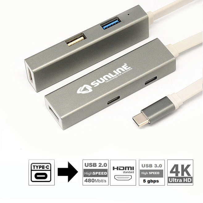 Sunline 170698 Type-C 3.0 HDMI 4K 5in1 Dongle Dock Bağlantı İstasyonu