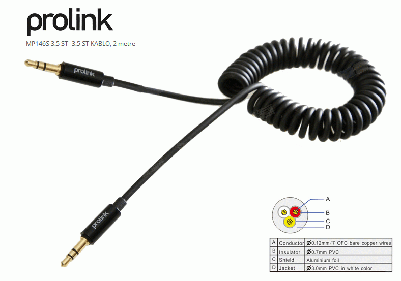 Prolink MP146S 3.5mm Stereo Spiral Altın Uçlu Kablo 50cm