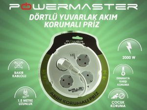 Powermaster Akım Korumalı 4'lü Yuvarlak Kasa Priz 1.5mt