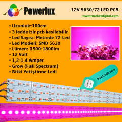 12 Volt 5630 Ledli Led Bar Alüminyum Çubuk 72 Ledli Grow (Full Spectrum)