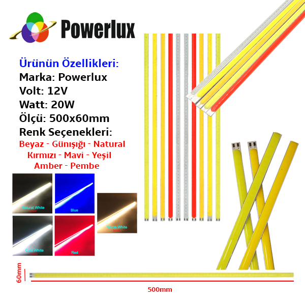 Powerlux 12V 20W COB LED 500x60mm Chip