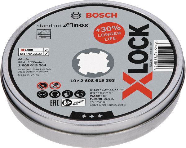 Bosch - X-LOCK - 125*1,6 mm Standard Seri Düz Inox (Paslanmaz Çelik) Kesme Diski (Taş) 10'lu 2608619364