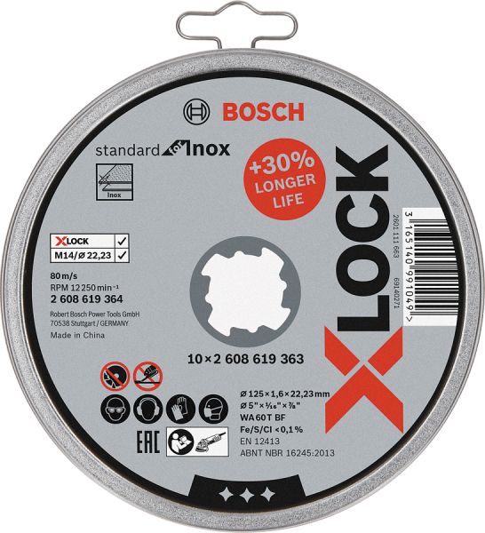 Bosch - X-LOCK - 125*1,6 mm Standard Seri Düz Inox (Paslanmaz Çelik) Kesme Diski (Taş) 10'lu 2608619364