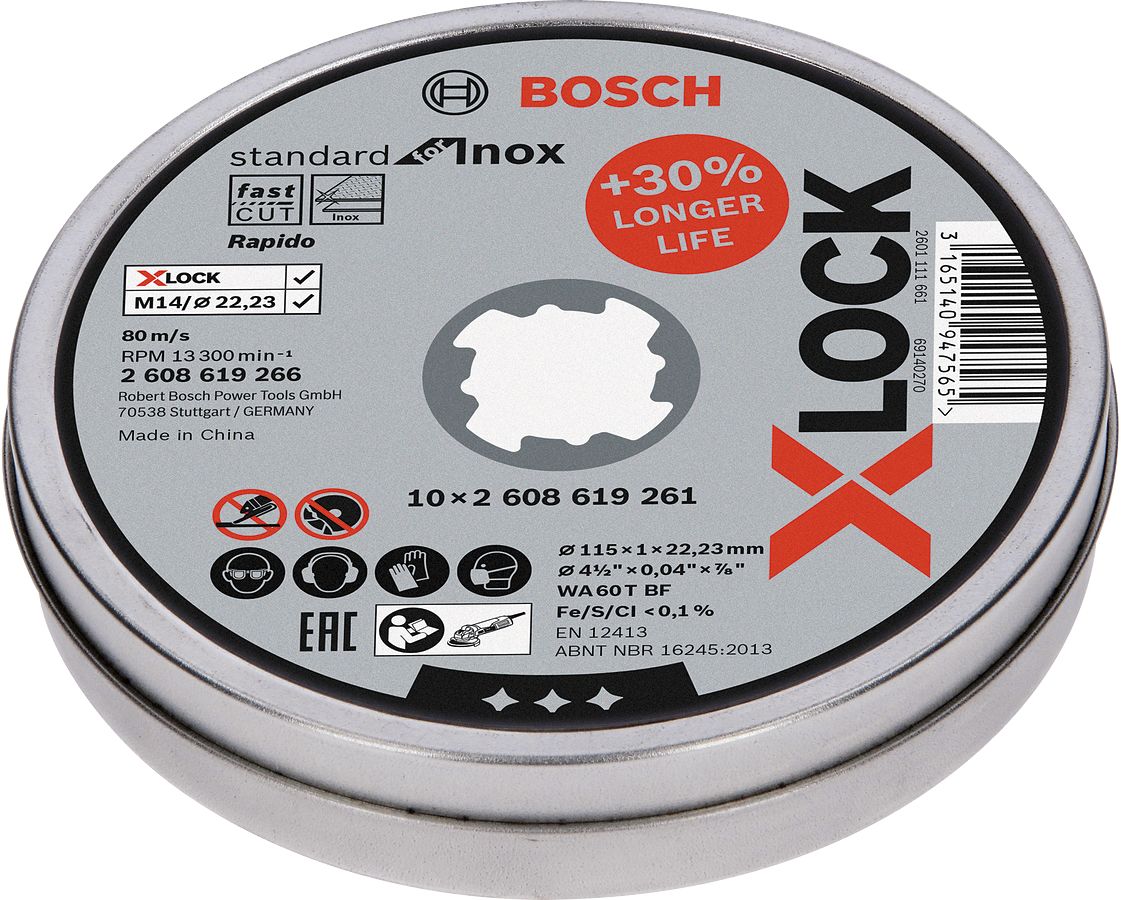 Bosch - X-LOCK - 115*1,0mm Standard Seri Düz Inox (Paslanmaz Çelik) Kesme Diski (Taş) - Rapido 10'lu 2608619266