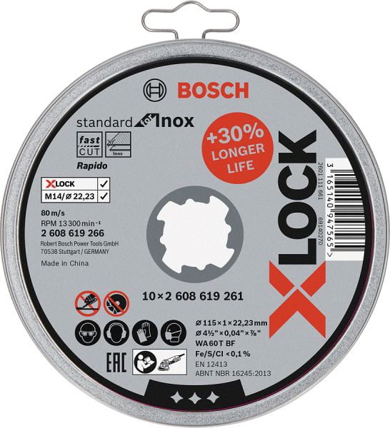 Bosch - X-LOCK - 115*1,0mm Standard Seri Düz Inox (Paslanmaz Çelik) Kesme Diski (Taş) - Rapido 10'lu 2608619266