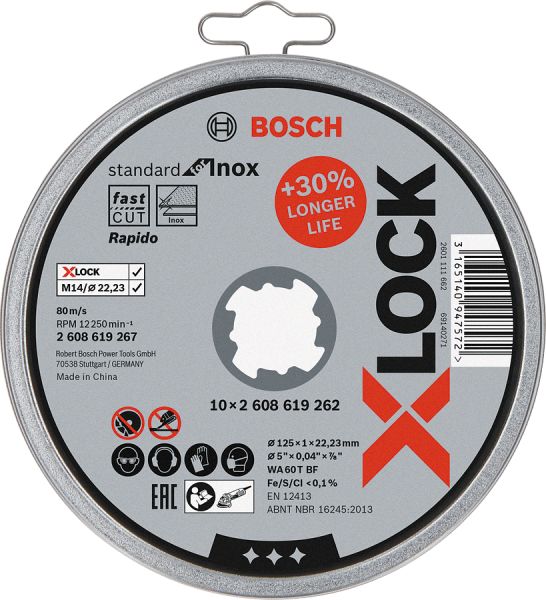 Bosch - X-LOCK - 125*1,0mm Standard Seri Düz Inox (Paslanmaz Çelik) Kesme Diski (Taş) - Rapido 10'lu 2608619267