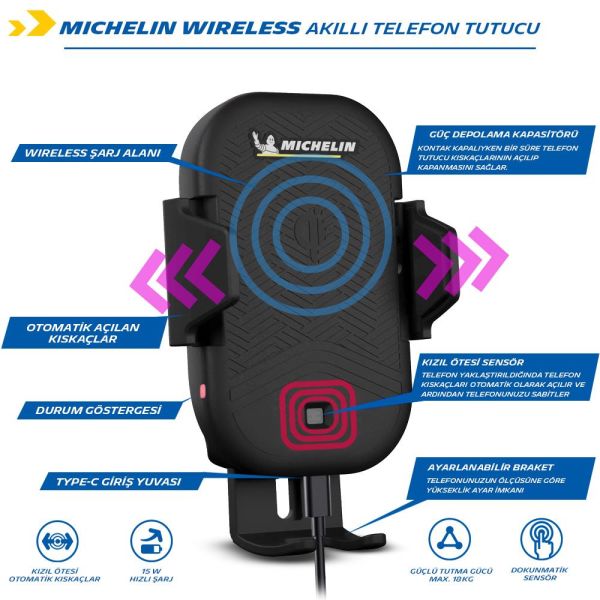 Michelin MC33368 Wireless Telefon Şarj Cihazı ve Dokunmatik Akıllı Telefon Tutucu