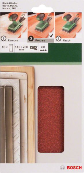 Bosch - Titreşimli Zımpara Kağıdı 10'lu, 115 x 230 mm 80 Kum 14 Delik 2609256B21