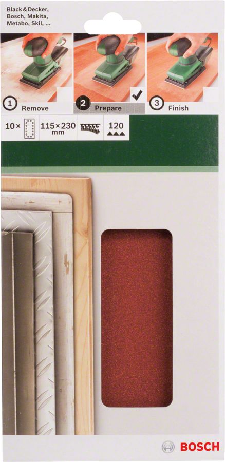 Bosch - Titreşimli Zımpara Kağıdı 10'lu, 115 x 230 mm 120 Kum 14 Delik 2609256B22
