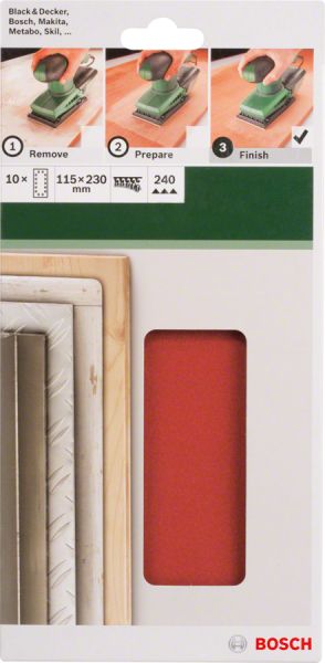 Bosch - Titreşimli Zımpara Kağıdı 10'lu, 115 x 230 mm 240 Kum 14 Delik 2609256B24