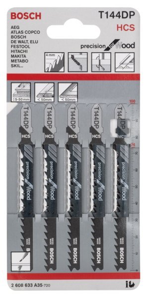 Bosch - Hassas Kesim Serisi Ahşap İçin T 144 DP Dekupaj Testeresi Bıçağı - 5'Li Paket 2608633A35