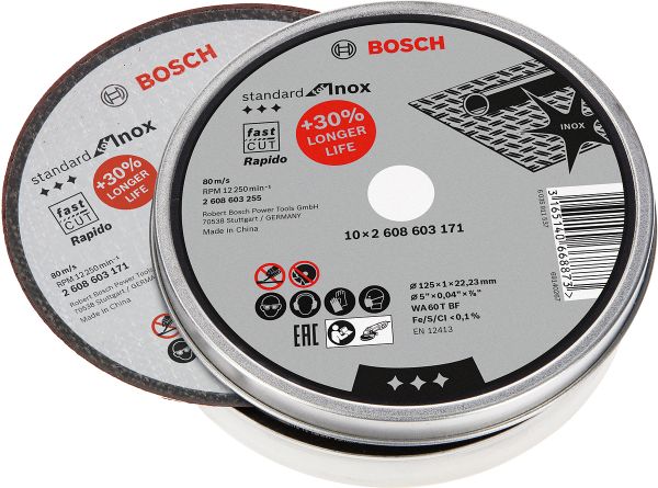 Bosch - 125*1,0mm Standard Seri Düz Inox (Paslanmaz Çelik) Kesme Diski (Taş) - Rapido 10'lu 2608603255