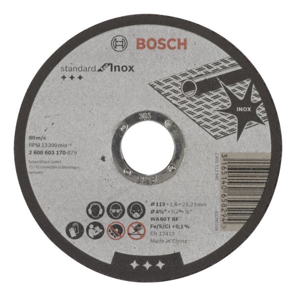 Bosch - 115*1,6 mm Standard Seri Düz Inox (Paslanmaz Çelik) Kesme Diski (Taş) 2608603170