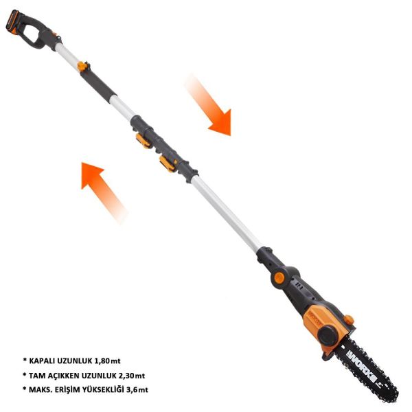 WORX WG349E 20Volt 2.0Ah Li-ion Tek Akülü 20CM Profesyonel Teleskobik Saplı Açı Ayarlı Zincirli Dal Budama