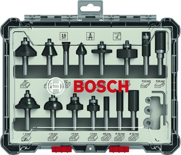 Bosch - Profesyonel 15 Parça Karışık Freze Ucu Seti 8 mm Şaftlı 2607017472