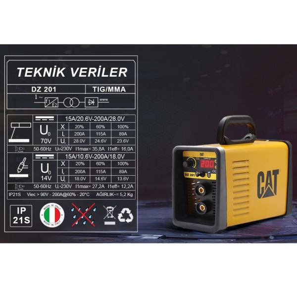 CAT DZ201T 200 Amper TIG LIFT/MMA Çanta Tipi Profesyonel Dijital İnverter Kaynak Makinesi + CAT DX37 Avuç Taşlama