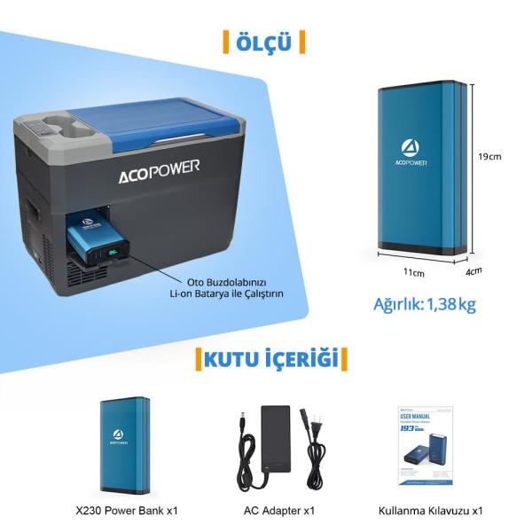 Acopoer X230 14.8Volt 13Amper Li-ion Yedek Buzdolabı Aküsü + Powerbank + LED Lamba