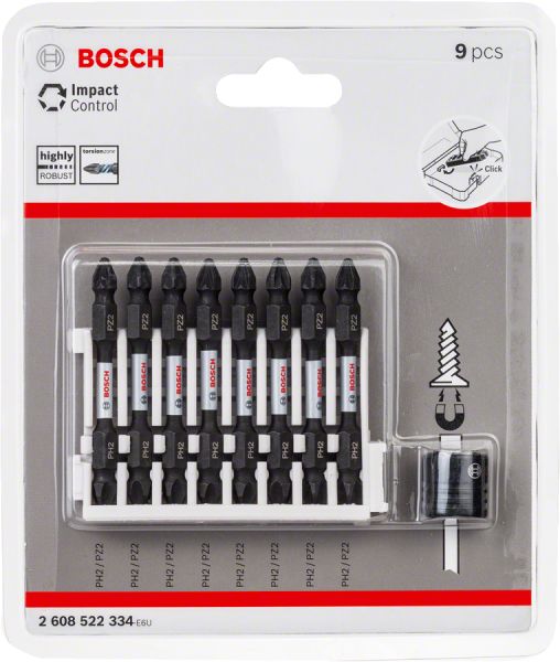 Bosch - Impact Control Serisi Çift Taraflı Vidalama Ucu 8'liPH2 PZ2 *65mm + Mıknatıslı Tutucu 2608522334