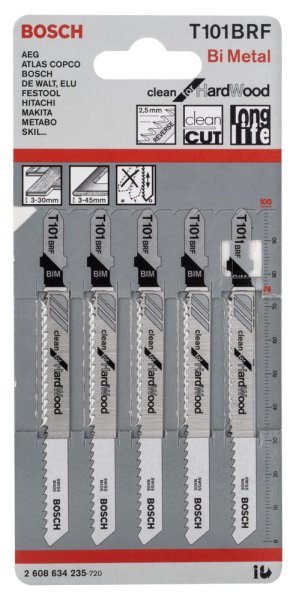 Bosch - Temiz Kesim Serisi Sert Ahşap İçin T 101 BRF Dekupaj Testeresi Bıçağı - 5'Li Paket 2608634235