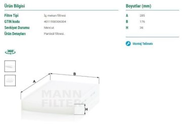 Citroen C2 Polen Filtresi Karbonsuz 1.4 75 Beygir 2004-2009 MANN