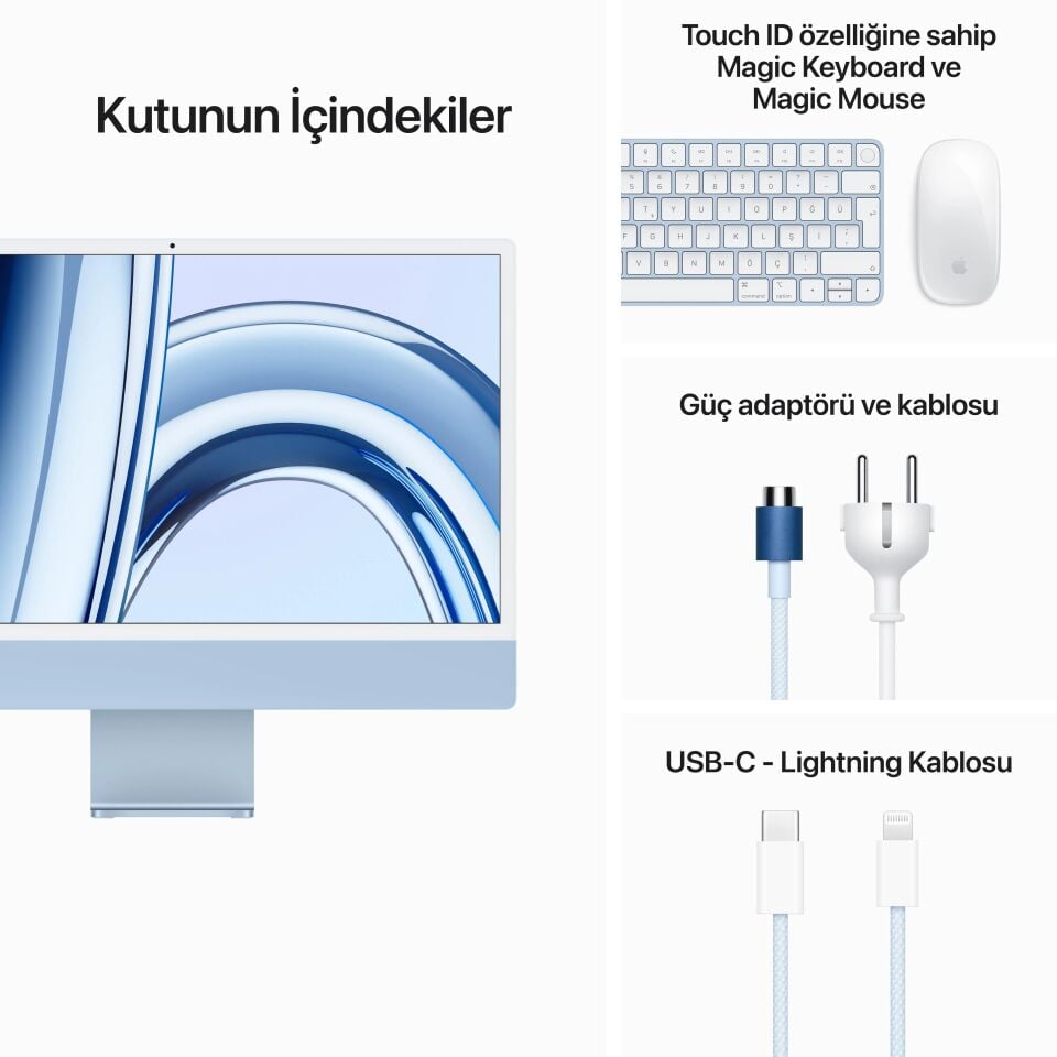 iMac 24 inç 4.5K M3 8C CPU 10C GPU 8GB RAM 256GB SSD Mavi (MQRQ3TU/A)