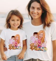 BK Gift 2’li Kişiye Özel Anne-Kız Karikatürlü Kombin Tişört Seti-7, Anneye Hediye, Anneler Günü Hediyeleri