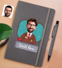 BK Gift Kişiye Özel Erkek Öğretmen Karikatürlü Gri Termo Deri Defter ve Metal Versatil Kalem(0,7 Kurşun) Hediye Seti-3