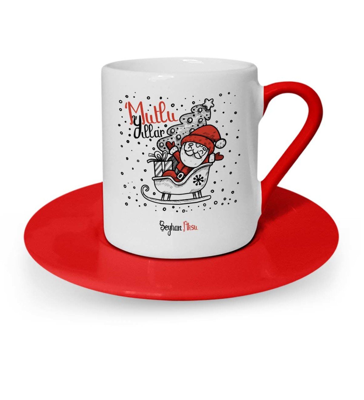 Kişiye Özel Noel Baba Mutlu Yıllar Kırmızı Türk Kahvesi Fincanı - 6