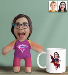 BK Gift Kişiye Özel Fotoğraflı Pembe Süper Anne Bebek Yastık ve Kupa Bardak Hediye Seti-4, Anneye Hediye, Anneler Günü Hediyeleri