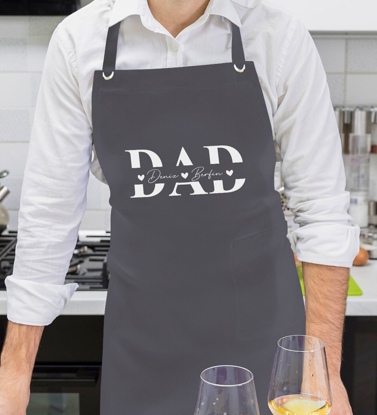 BK Gift Kişiye Özel İsimli Babalar Günü Tasarımlı Profesyonel Antrasit Mutfak Önlüğü-1, Aşçı Önlüğü, Şef Önlüğü, Babaya Hediye