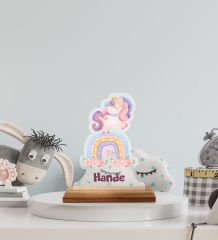 BK Gift Kişiye Özel İsimli Unicorn Tasarımlı Ahşap Standlı Pleksi Biblo-1