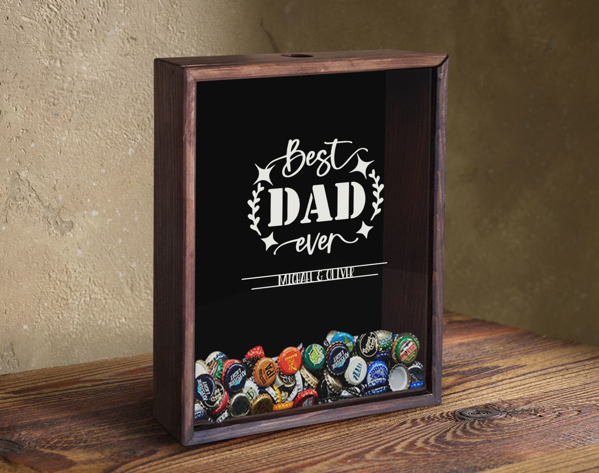 BK Gift Kişiye Özel İsimli Babalar Günü Tasarımlı Bira Kapağı Koleksiyonu Ahşap Kumbara-10, Ev Hediyesi, Babaya Hediye