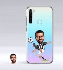 Kişiye Özel Siyah Beyaz Futbolcu Karikatürlü Xiaomi Redmi Note 8 İnce Şeffaf Silikon Telefon Kapağı