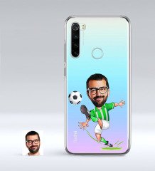 Kişiye Özel Yeşil Beyaz Futbolcu Karikatürlü Xiaomi Redmi Note 8 İnce Şeffaf Silikon Telefon Kapağı