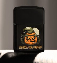 BK Gift Halloween Trick or Treat Tasarımlı Renkli Baskılı Siyah Benzinli Metal Çakmak-1