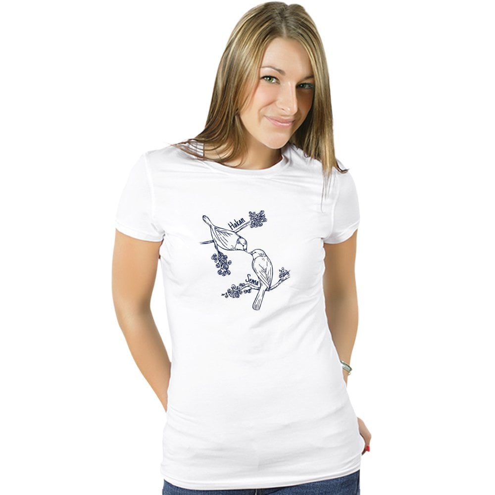 Kişiye Özel Kuşların Aşkı Beyaz Bayan Tişört