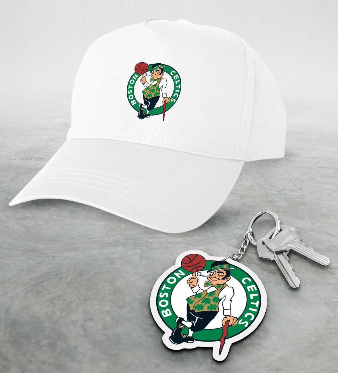 NBA Boston Celtics Beyaz Şapka ve Ahşap Anahtarlık Seti