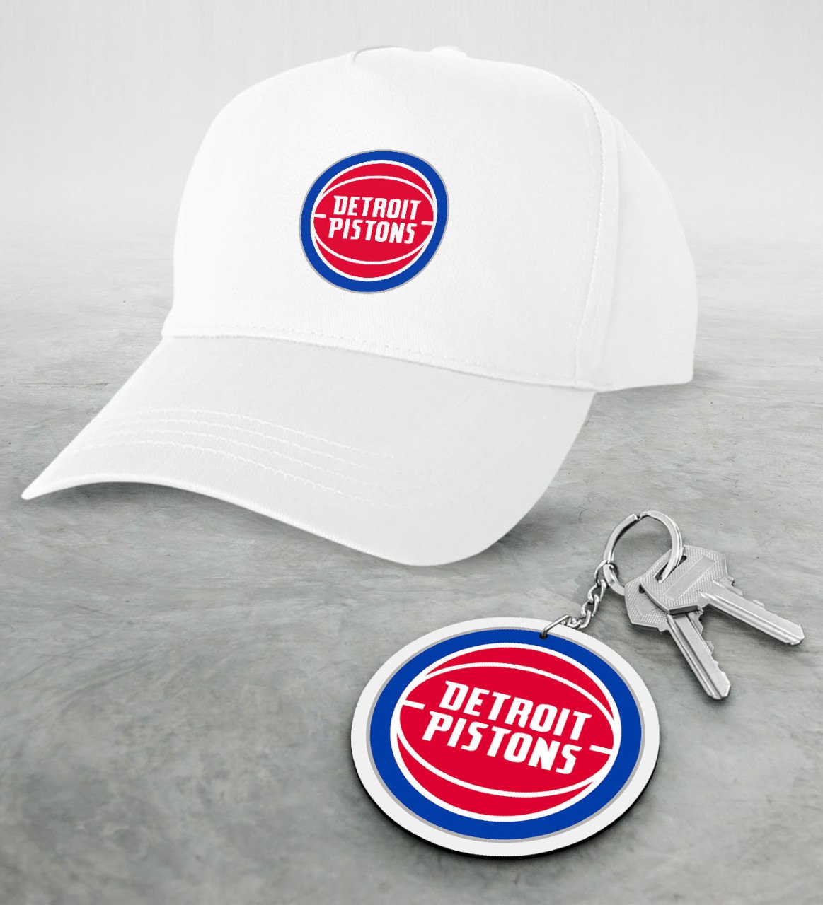 NBA Detroit Pistons Beyaz Şapka ve Ahşap Anahtarlık Seti