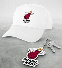 NBA Miami Heat Beyaz Şapka ve Ahşap Anahtarlık Seti